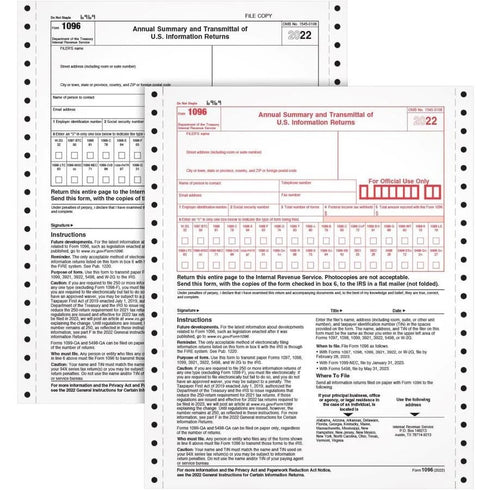 1096 Tax Form - 2 Part Carbonless Copy - 8.50" x 11" Sheet Size